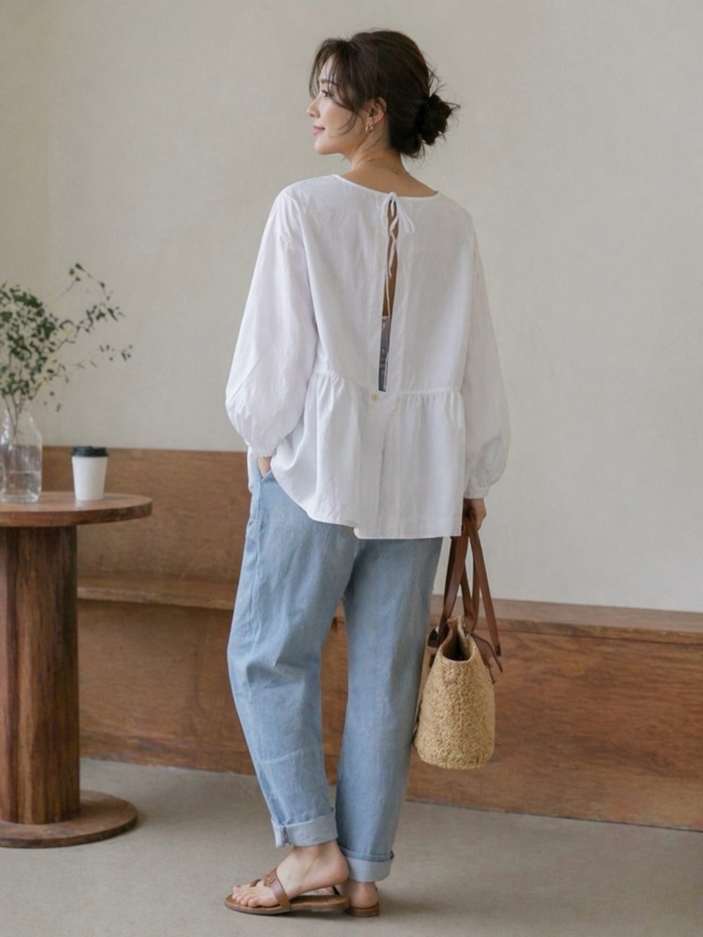 COS | White Balloon Sleeve Open Back Tie Blouse Size Large